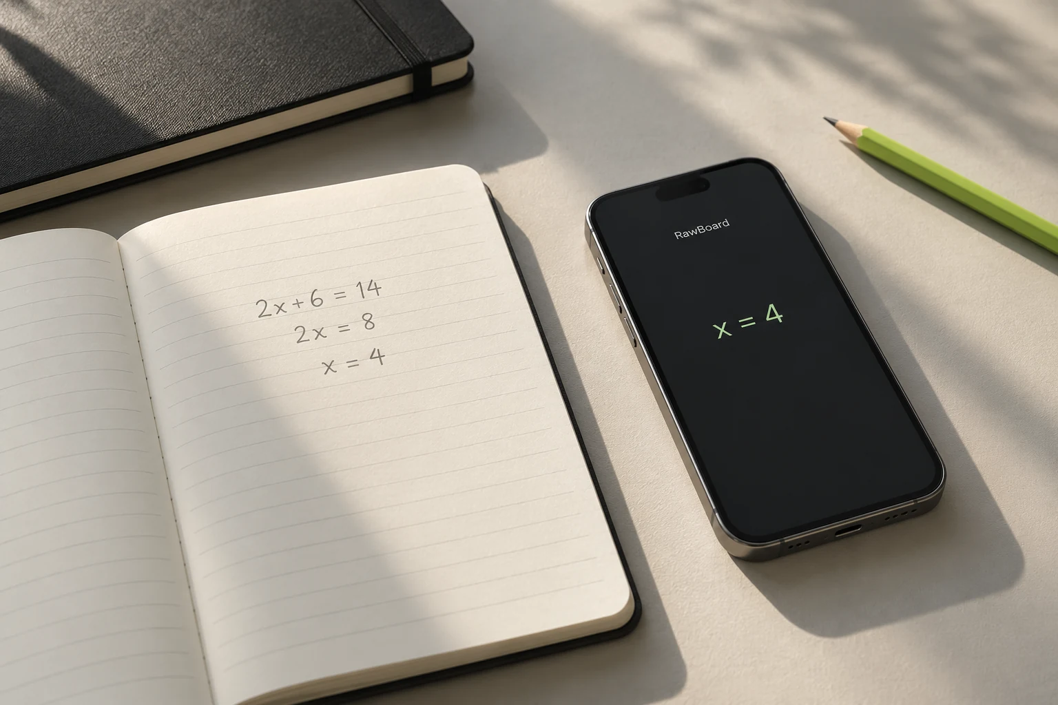 An illustrative study desk with an algebra notebook and a phone showing RawBoard’s answer